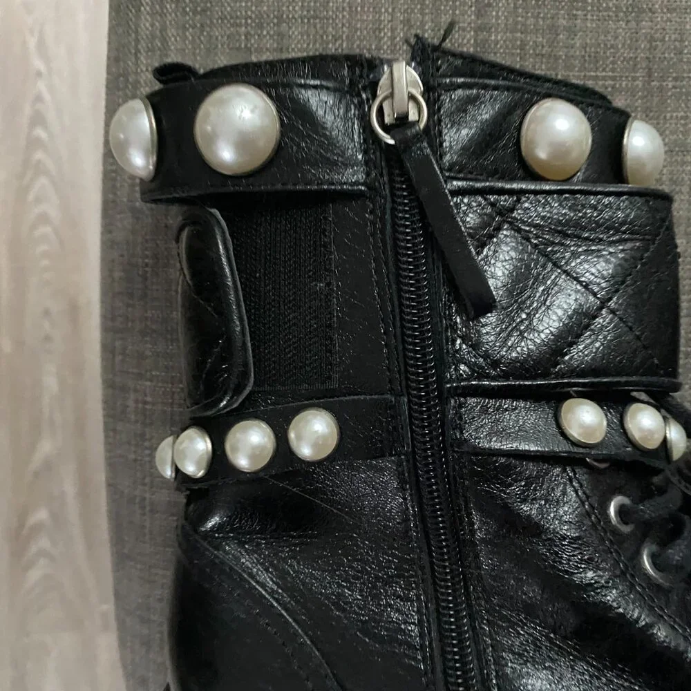 Zara Black Leather Pearl Studded Straps Lace Up Combat Goth Y2K Military Boots 9